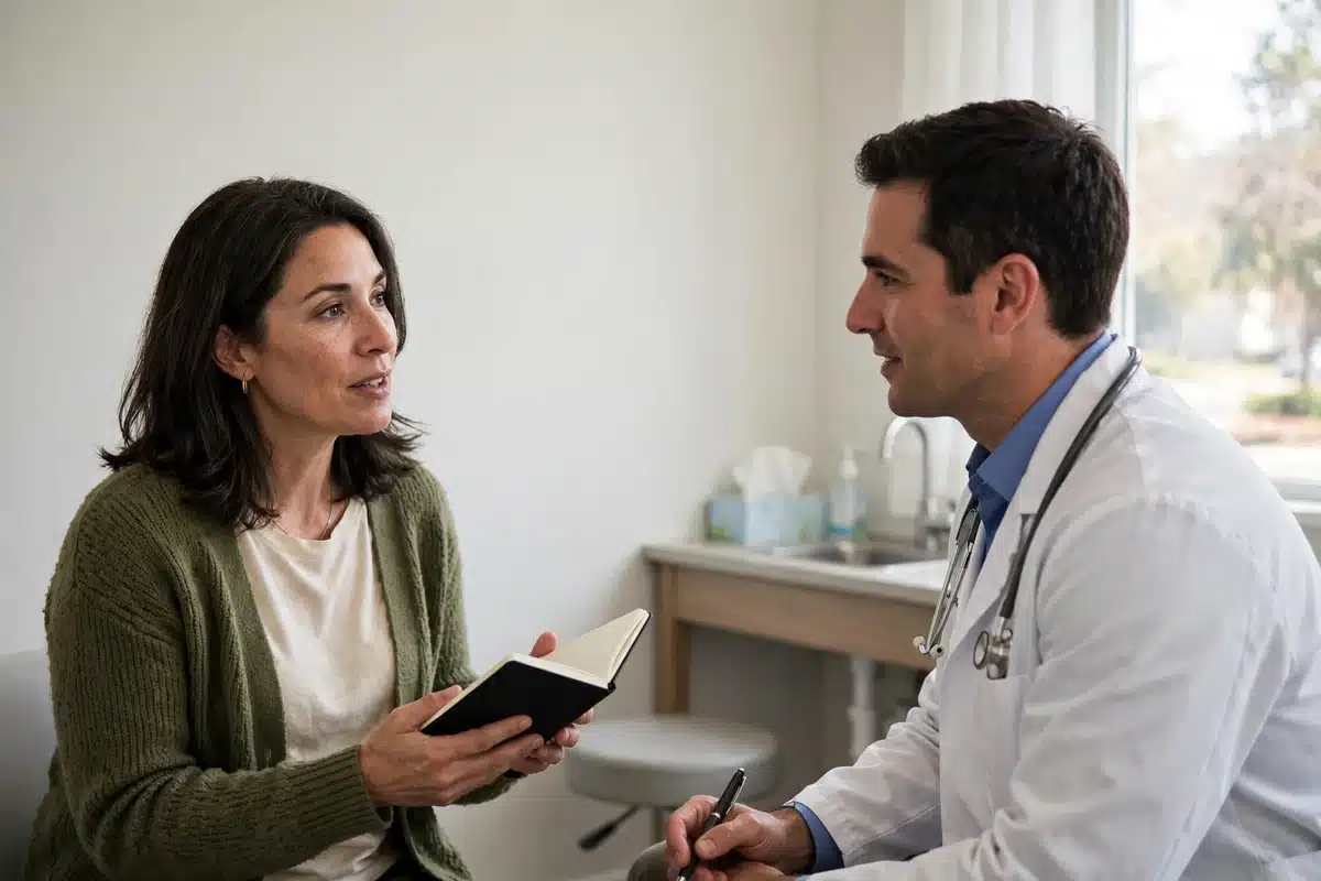Photo of a woman talking with a new doctor during a first consultation in a bright clinic room, asking questions from a small notebook