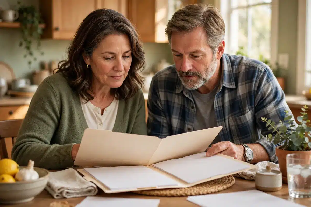 Photo of a woman and her partner reviewing a plain folder of medical records together at home in warm natural light