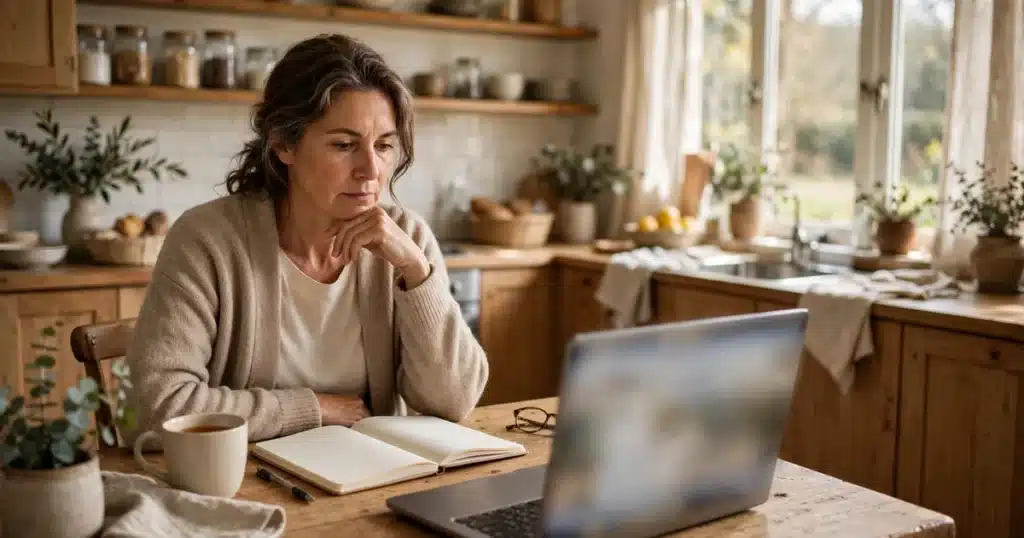 Photo of a woman at home using a laptop at her kitchen table, checking information carefully with a notebook beside her