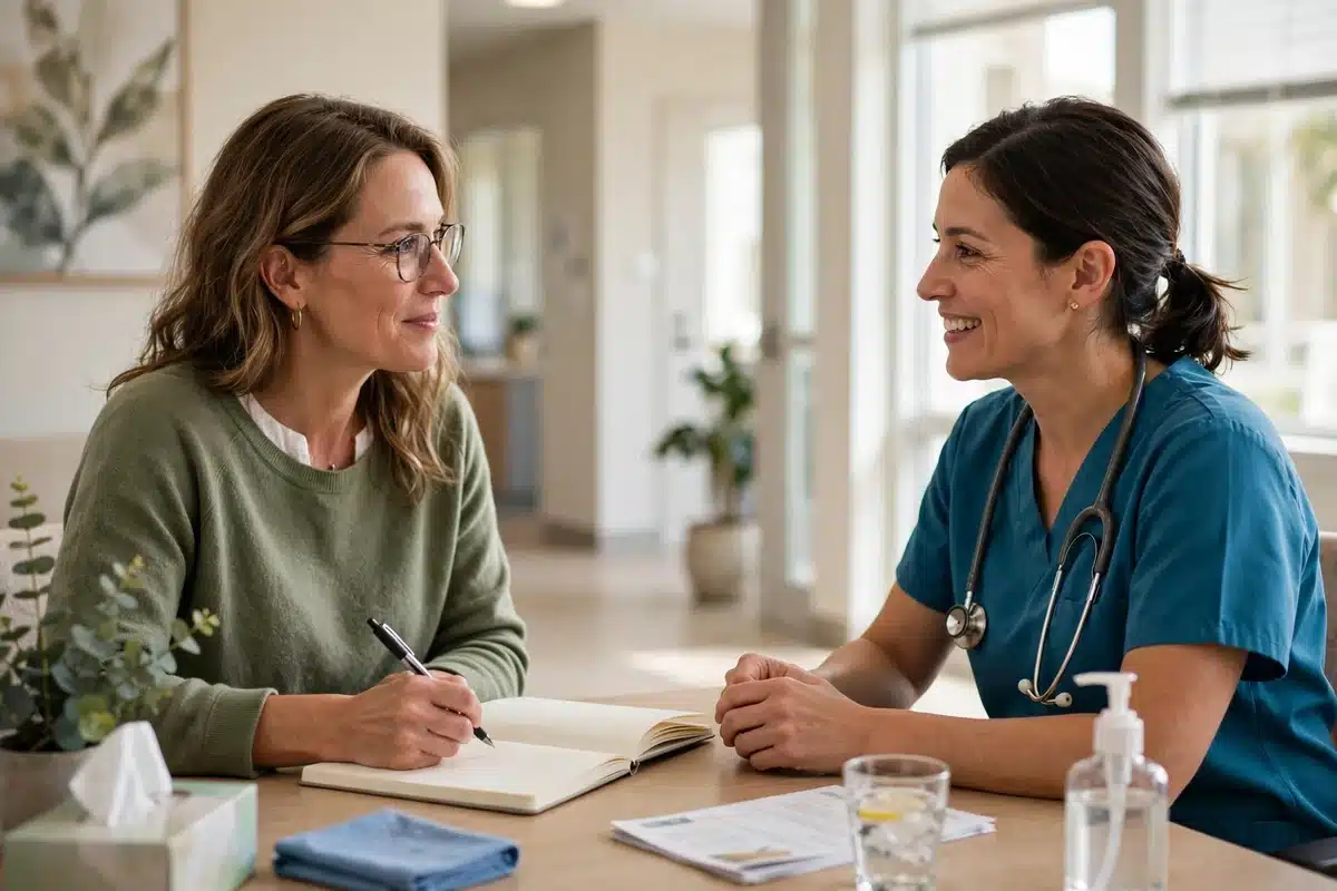 Photo of a woman taking notes in a notebook while talking with a nurse coordinator at a clinic desk