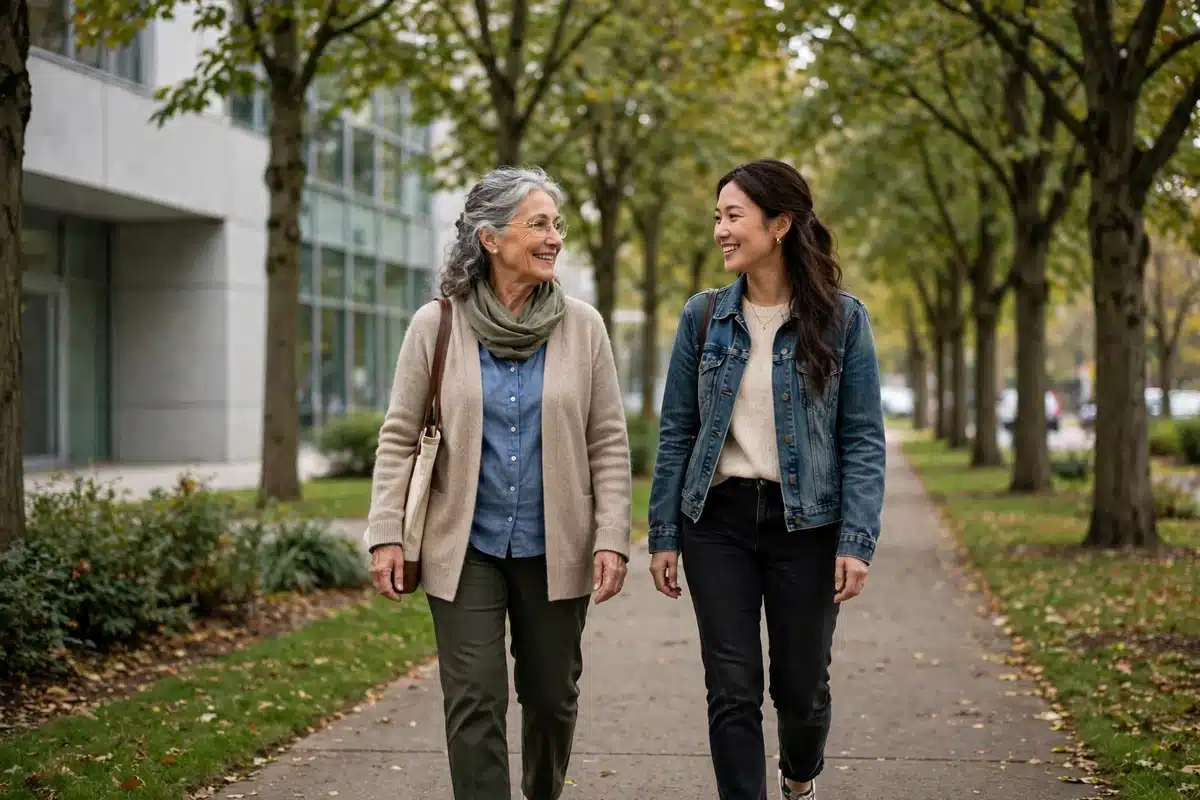 Photo of a woman and her adult daughter walking together on a tree-lined path outside a modern medical building