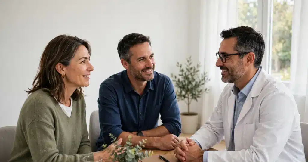 Photo of a woman and her partner talking with a doctor in a bright, modern clinic consultation room