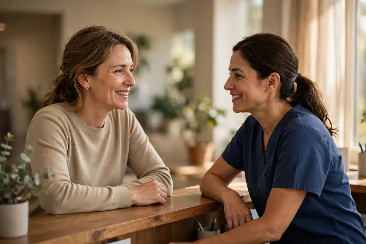 Woman speaking with a medical office staff member at a clinic front desk about her records