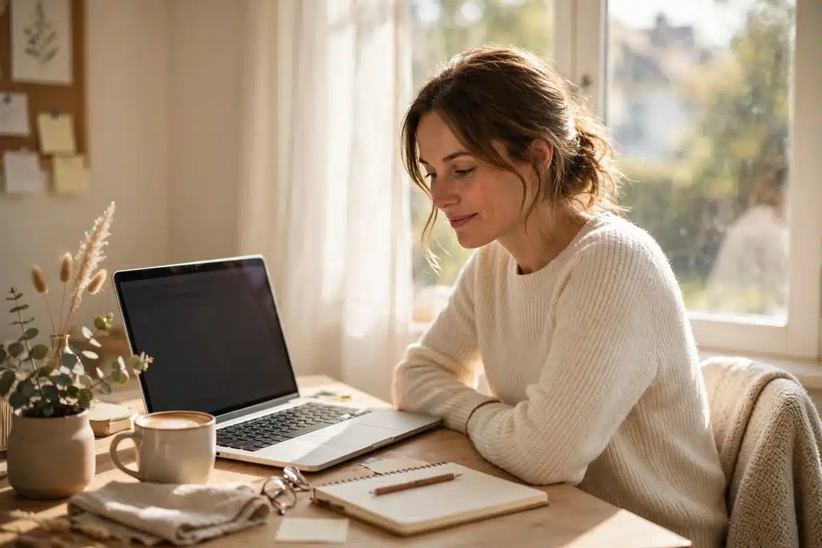 Woman using a laptop at home to review her patient portal in warm daylight