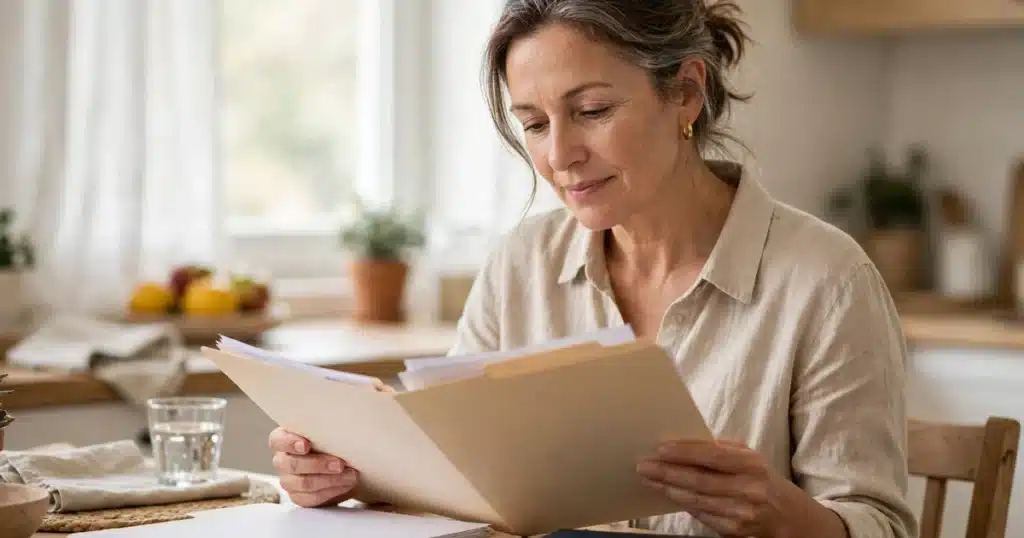 Woman reviewing a folder of medical papers at a bright kitchen table