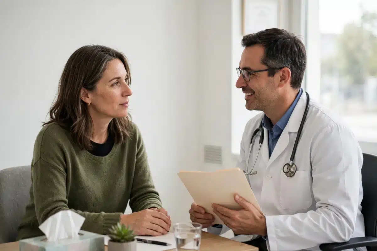 Photo of a woman talking with her doctor about a referral to a breast cancer specialist in a bright clinic office