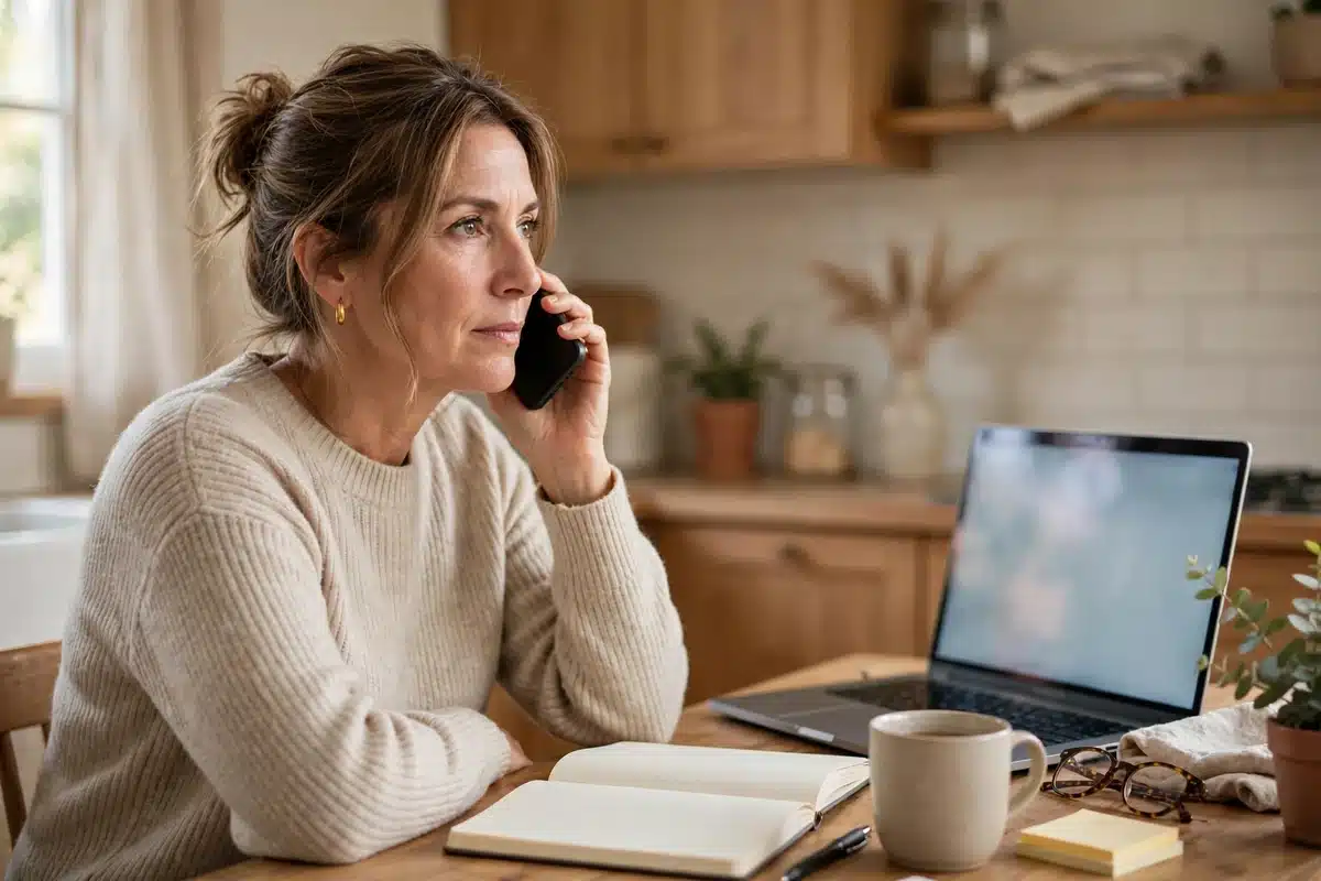 Photo of a woman on the phone at home with a notebook, checking her insurance plan's provider directory on a laptop