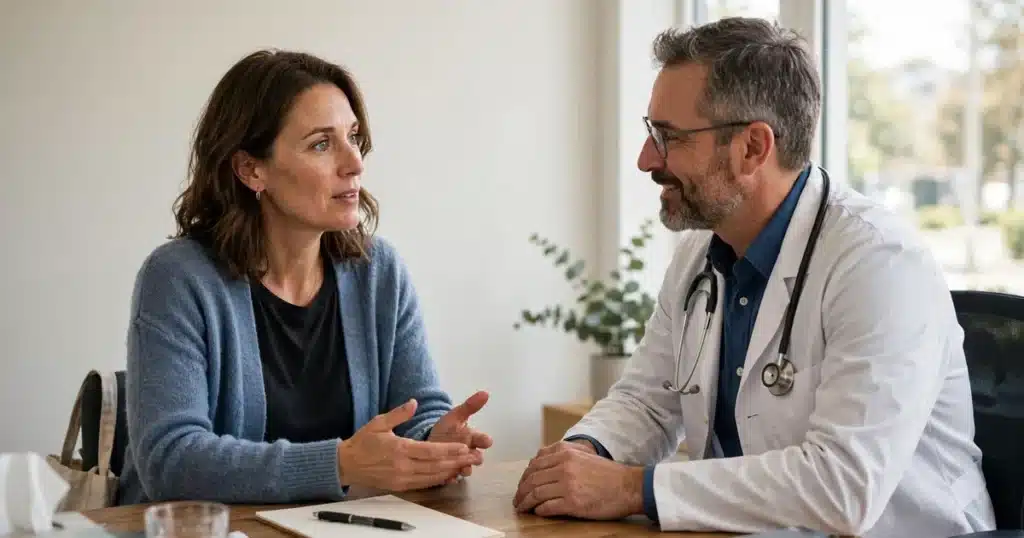 Photo of a woman talking with her doctor across a desk in a bright clinic office about the next steps in her care