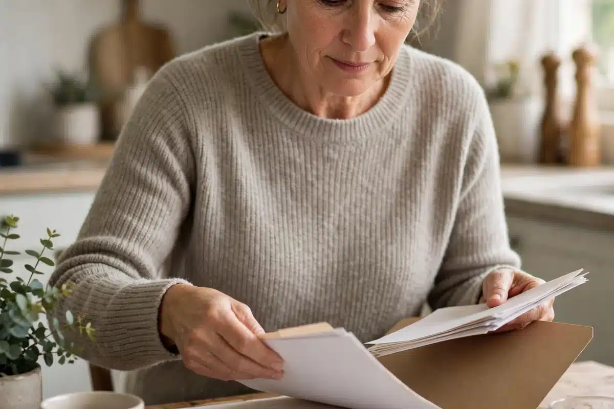 Photo of a woman in her 50s at home organizing a plain folder of blank papers at her kitchen table, calm and methodical, soft daylight