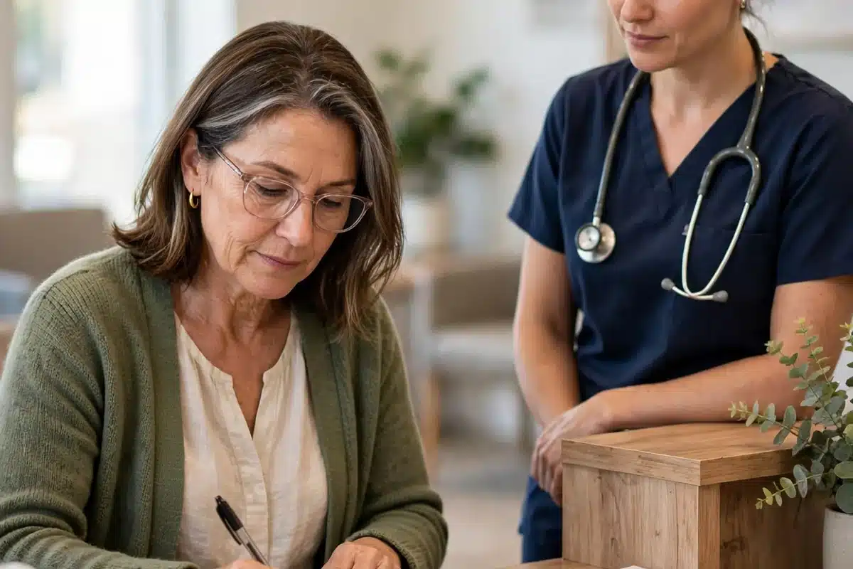 Photo of a woman in her 50s signing a plain blank form at a clinic reception desk while a staff member waits, bright calm setting, natural light