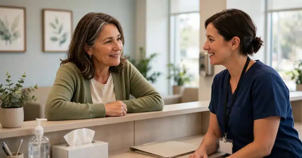 Photo of a woman in her 50s talking with a staff member at a bright clinic front desk about her medical records, calm and reassured, natural light