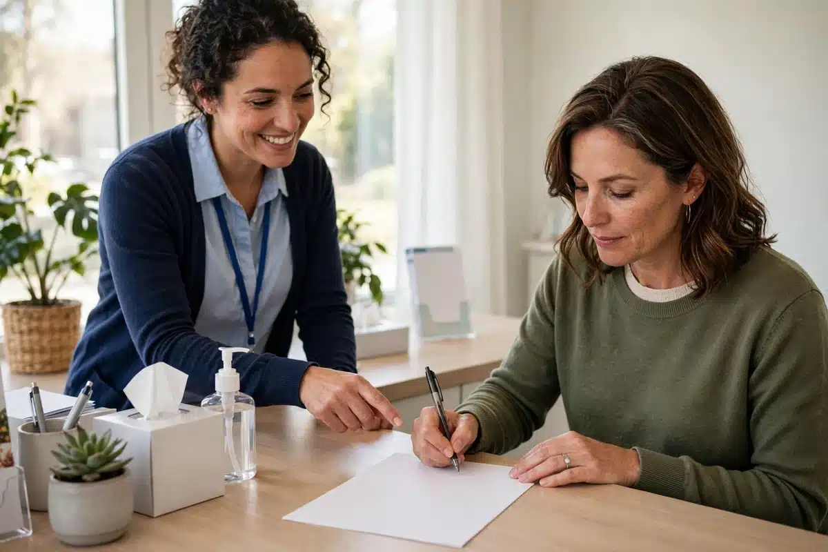 Photo of a woman in her 40s signing a plain form at a clinic reception desk, helped by a friendly staff member