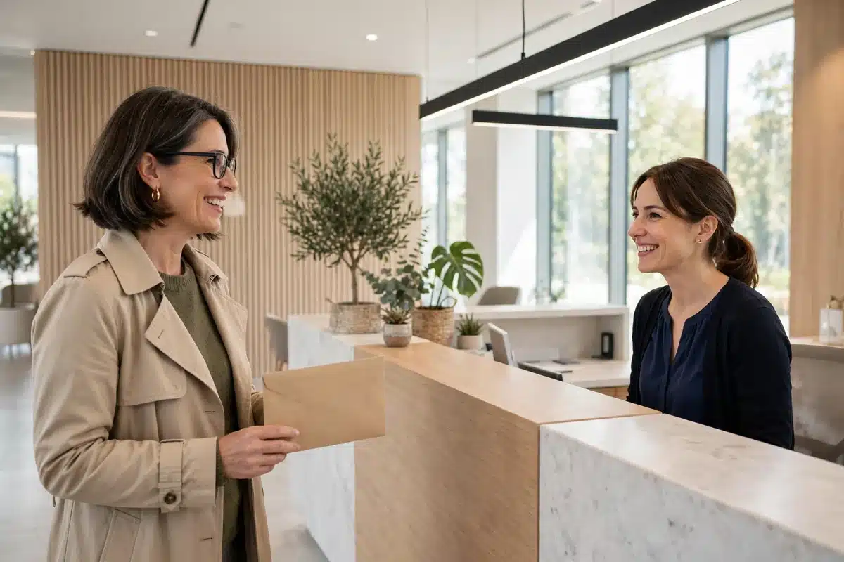 Photo of a woman in her 40s arriving at a bright imaging centre reception with a plain envelope of records in her hand