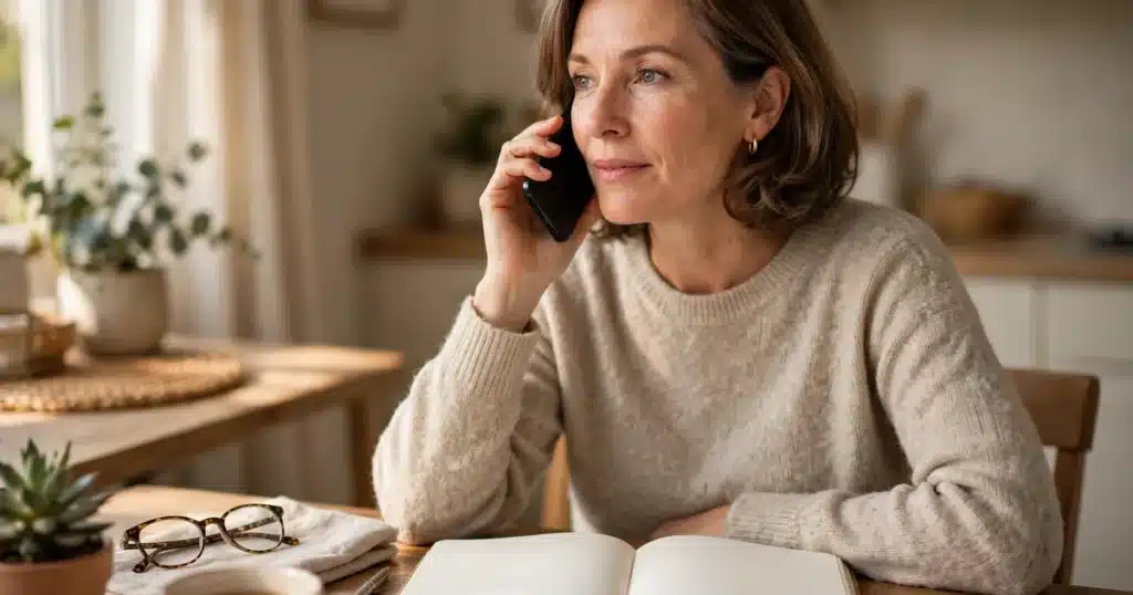 Photo of a woman in her 40s speaking on the phone at home with a plain notebook open, arranging to have her records sent