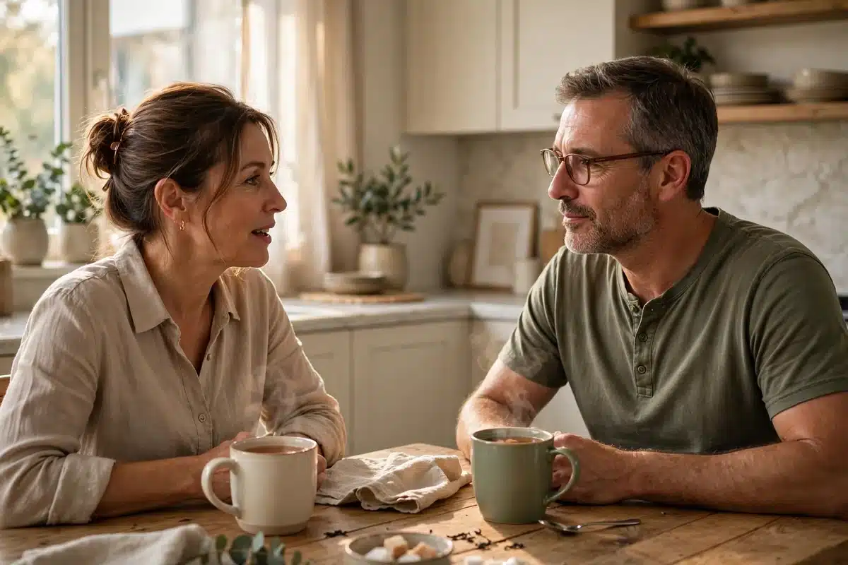 Photo of a husband listening quietly while his wife talks over tea at their kitchen table at home