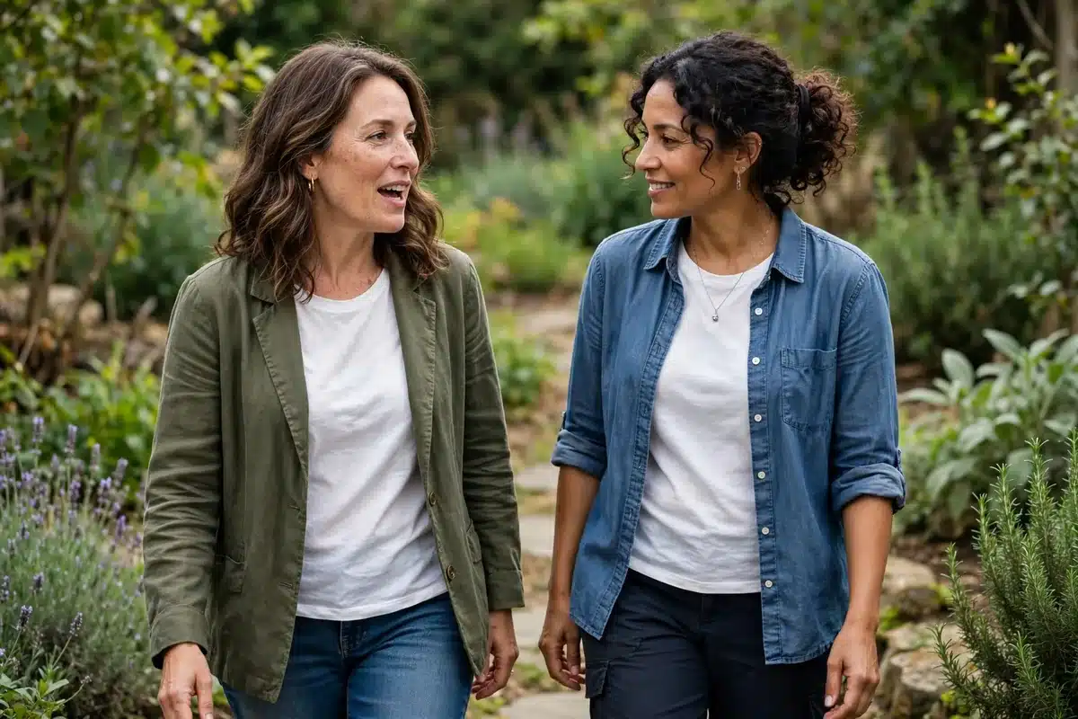 Photo of two women friends walking side by side in a garden, one talking and the other listening warmly