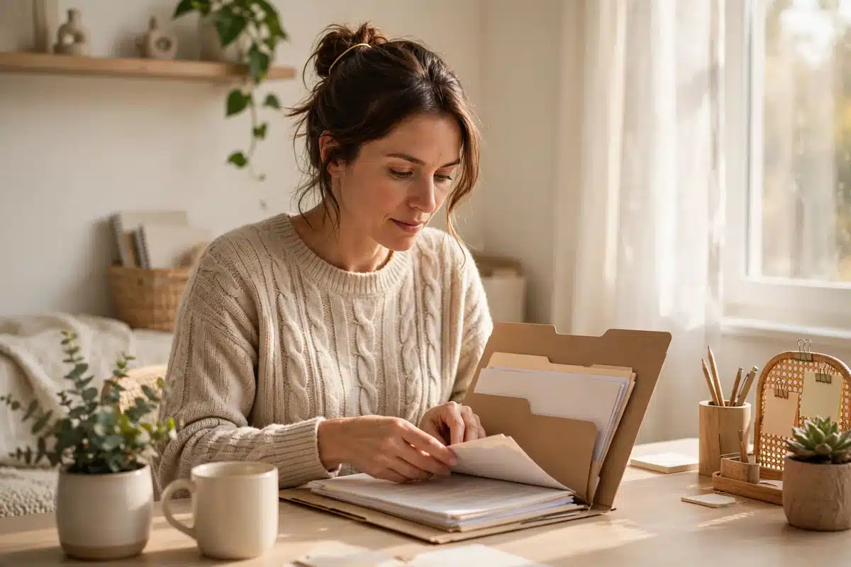 A woman in her 30s sitting at a bright home desk organizing a tidy folder of papers, calm and focused, warm daylight, tidy home office, no readable text, no logos