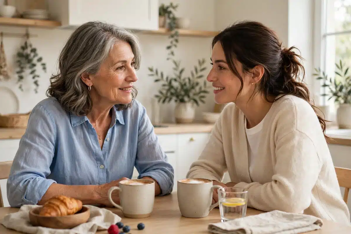 A woman in her 60s talking supportively with an adult daughter over coffee at a bright home kitchen table, warm hopeful mood, natural daylight, no readable text, no logos