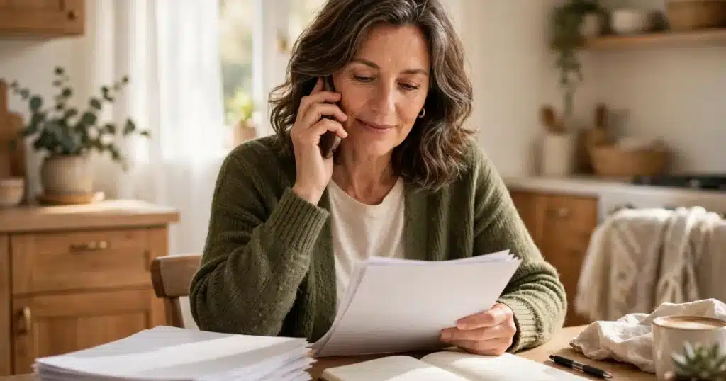A woman in her 50s sitting at a bright home kitchen table calmly reviewing a neat stack of papers and a blank notebook while speaking on a phone, warm home interior, natural light, composed mood, no readable text, no logos