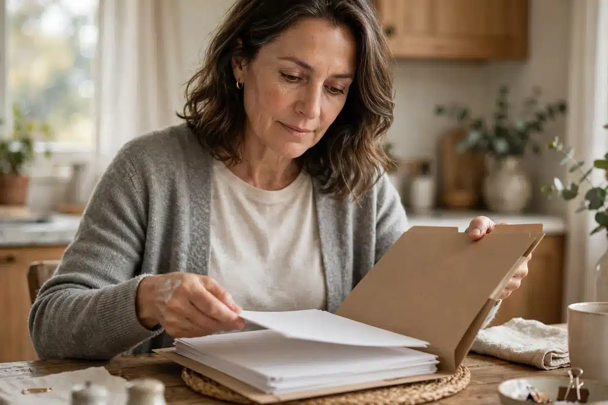 Photo of a woman in her 50s at home organizing a plain folder of blank papers at her kitchen table, calm and methodical, soft daylight