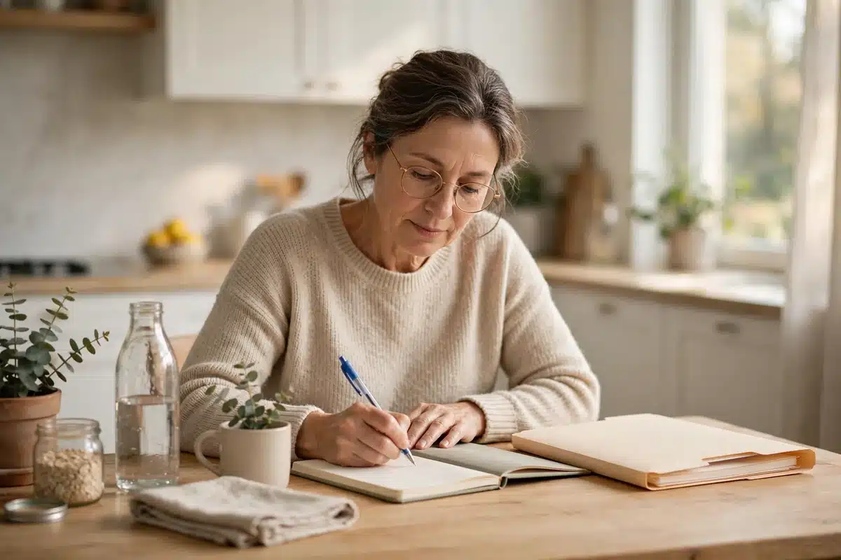 Photo of a woman in her 50s sitting at her kitchen table writing in a notebook beside a neat folder, calm and organized, soft morning light