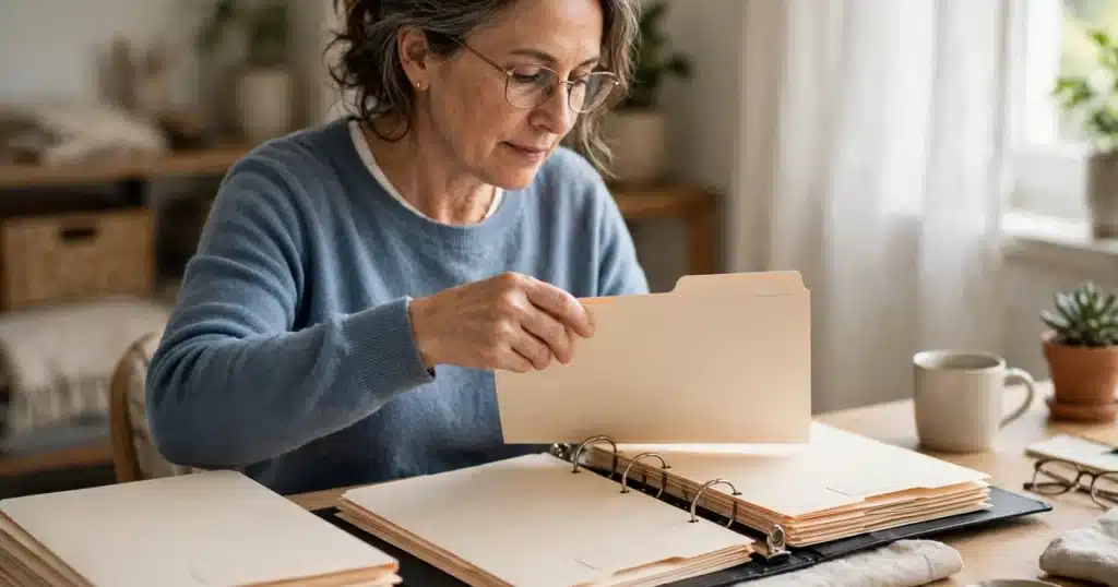 Photo of a woman in her 50s placing labeled plain folders into a neat binder at her home desk, organized, soft daylight