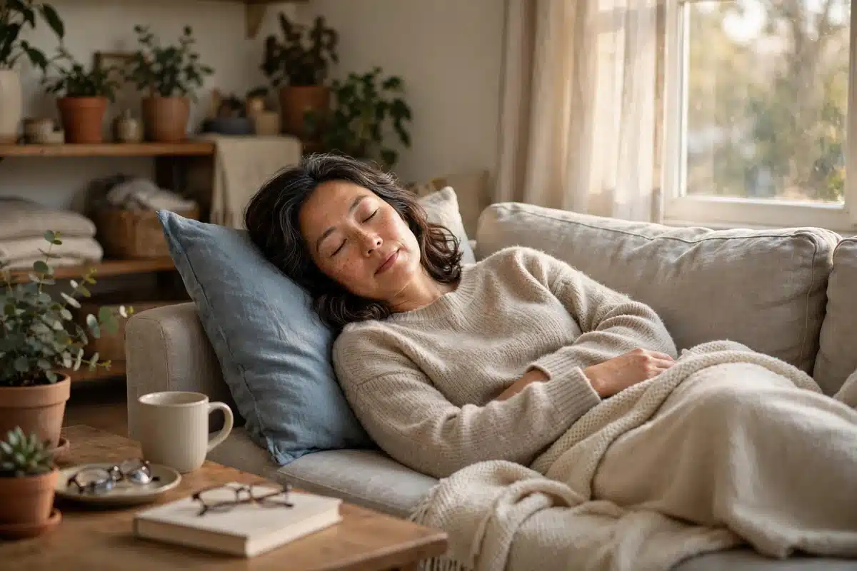 Photo of a woman in her 40s resting with her eyes closed on a sofa at home in soft afternoon light, peaceful moment of rest
