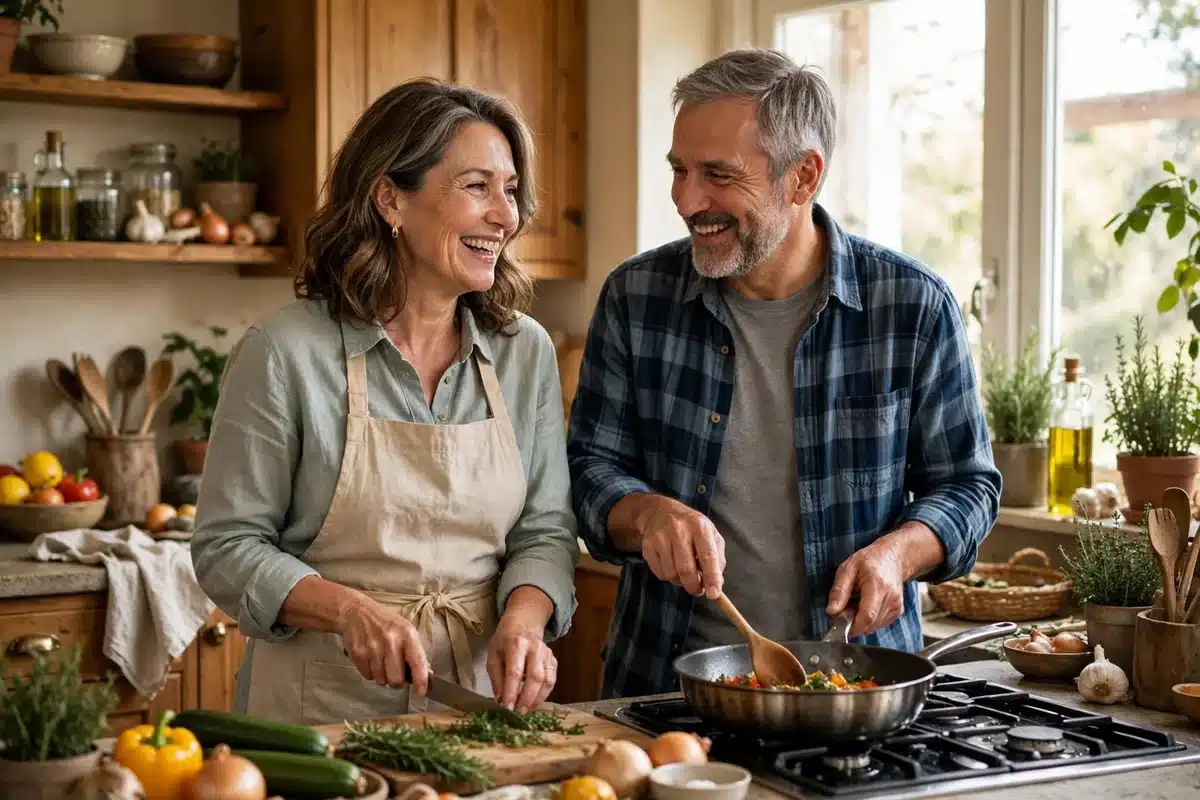 Photo of a couple in their 50s cooking together in a warm kitchen, smiling, natural daylight