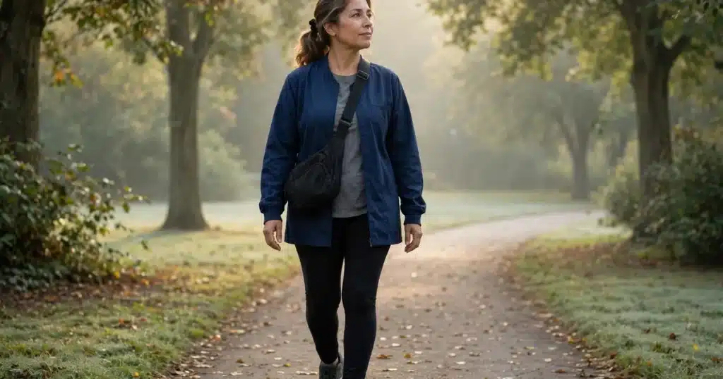 Photo of a woman caregiver in her 40s taking a quiet walk alone in a park in soft morning light, peaceful