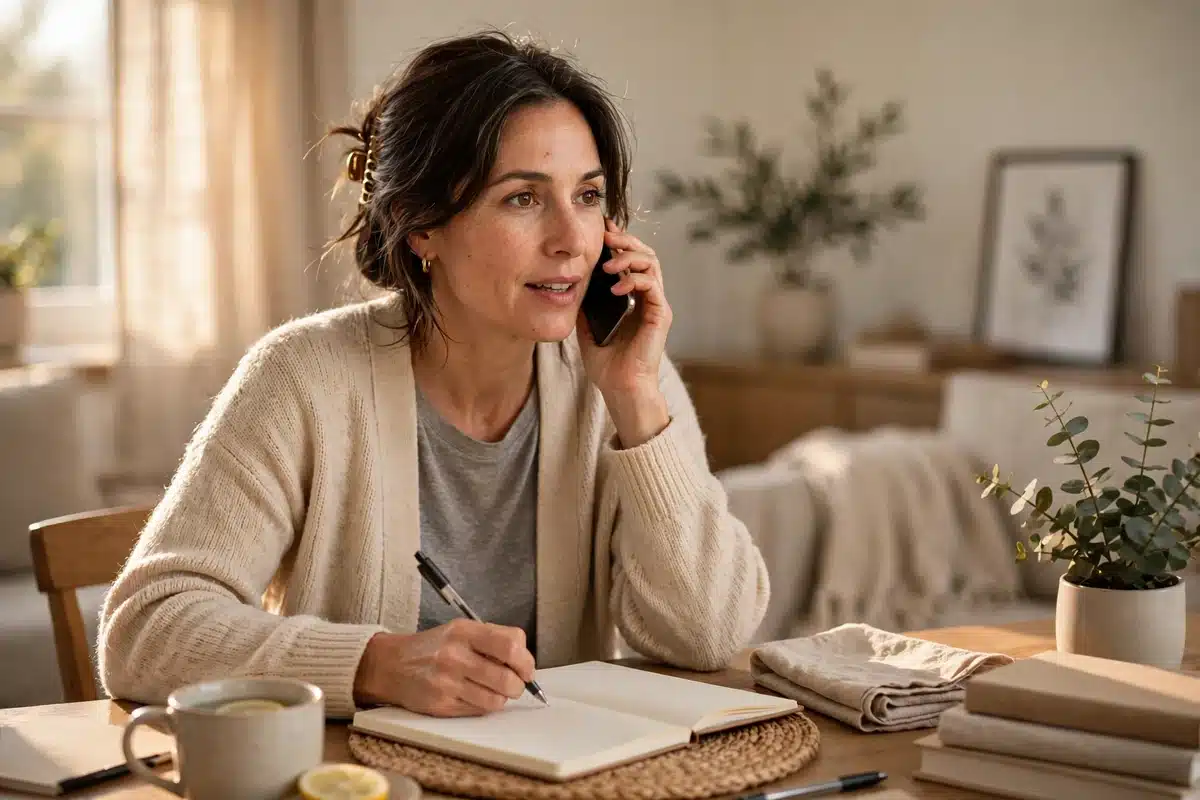 Photo of a woman in her 40s talking on the phone at home, taking notes in a plain notebook