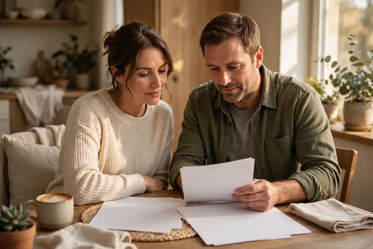Photo of a couple in their 40s sitting together at a table, calmly reviewing plain paperwork as a team