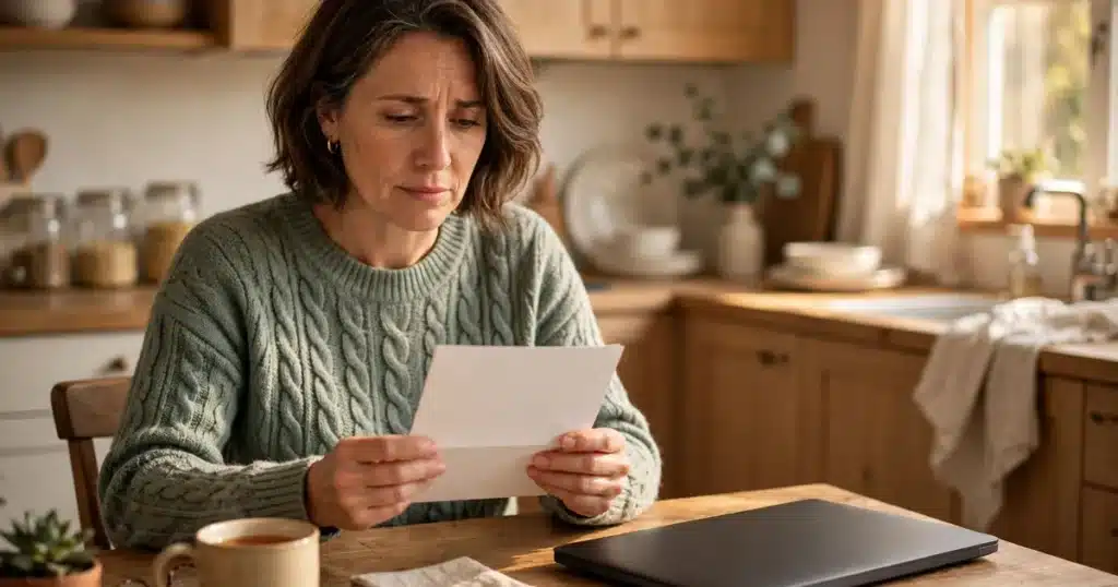 Photo of a woman in her 40s reading a plain letter at her kitchen table at home, calm and thoughtful