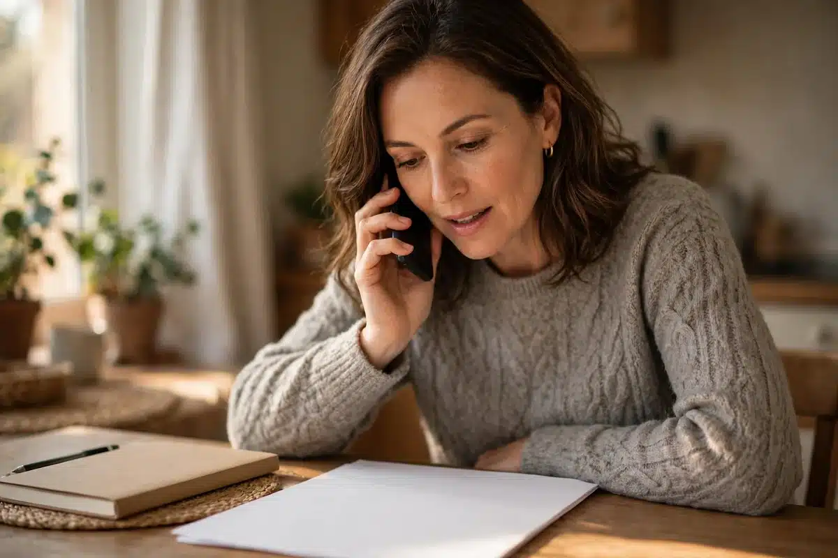 Photo of a woman in her 40s speaking on the phone at home while looking at plain blank paperwork on the table, a notebook beside her, calm focused mood, warm natural light