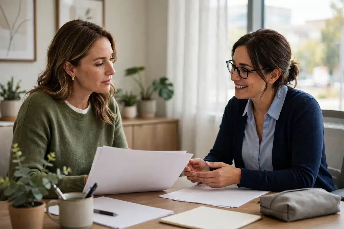 Photo of a woman in her 40s sitting across a desk from a hospital financial counsellor in a bright office, reviewing paperwork together, calm hopeful conversation