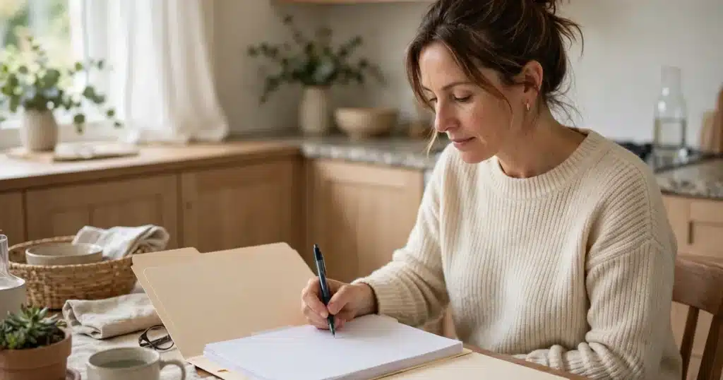 Photo of a woman in her 40s sitting at her kitchen table at home with a folder of plain blank billing papers and a pen, calm and organised, soft daylight