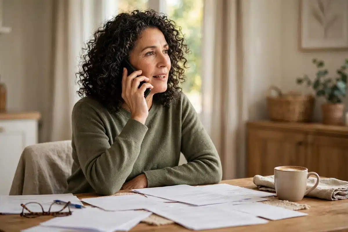 Photo of a woman talking on the phone at home with insurance papers spread on the table in front of her