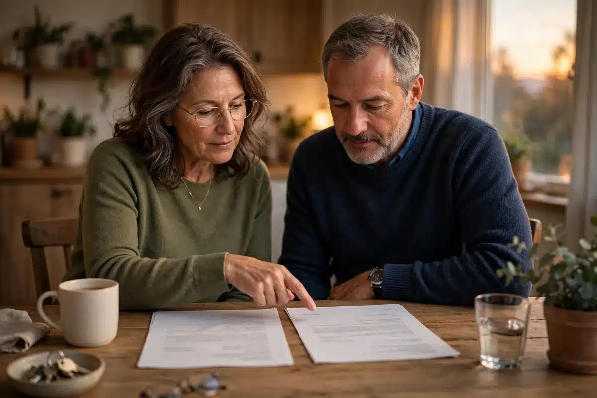 Photo of a couple comparing a bill and an insurance letter side by side at their dining table at home