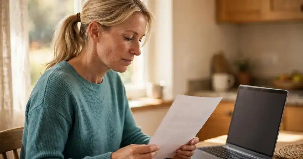 Photo of a woman reading an insurance statement at her kitchen table at home with a laptop beside her