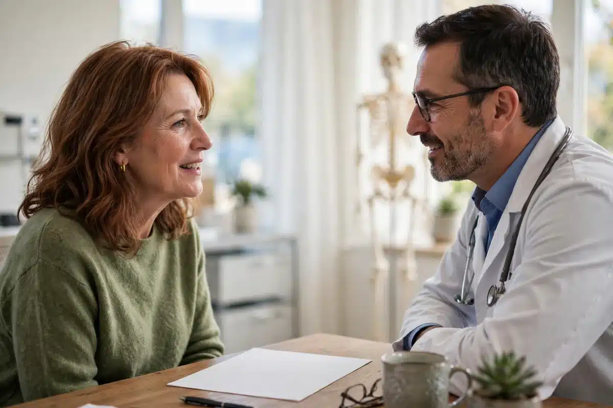 Photo of a woman in her 50s talking with a radiologist at a desk in a bright clinic, a plain report sheet on the desk between them