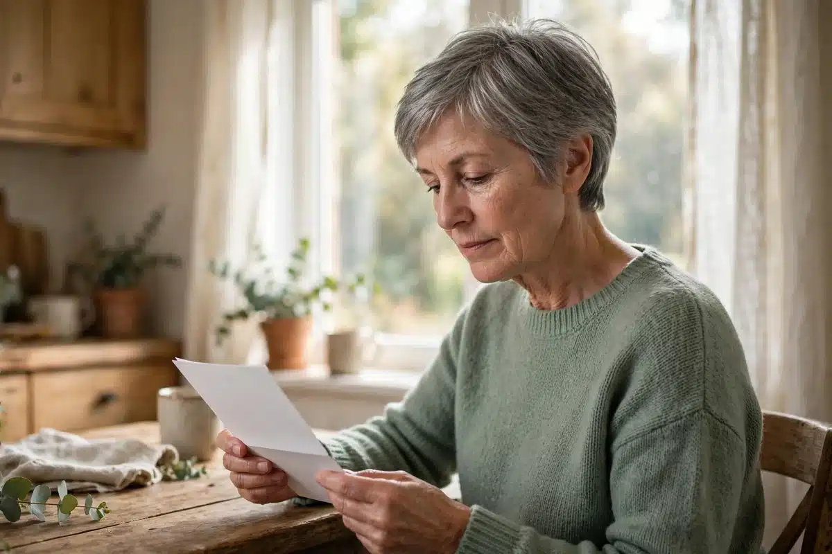 Photo of a woman in her 60s with short gray hair sitting at her kitchen table at home reading a letter in soft morning light