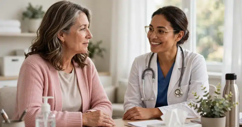 Photo of a woman in her 50s wearing a soft pink cardigan, talking with a radiologist in a bright screening clinic