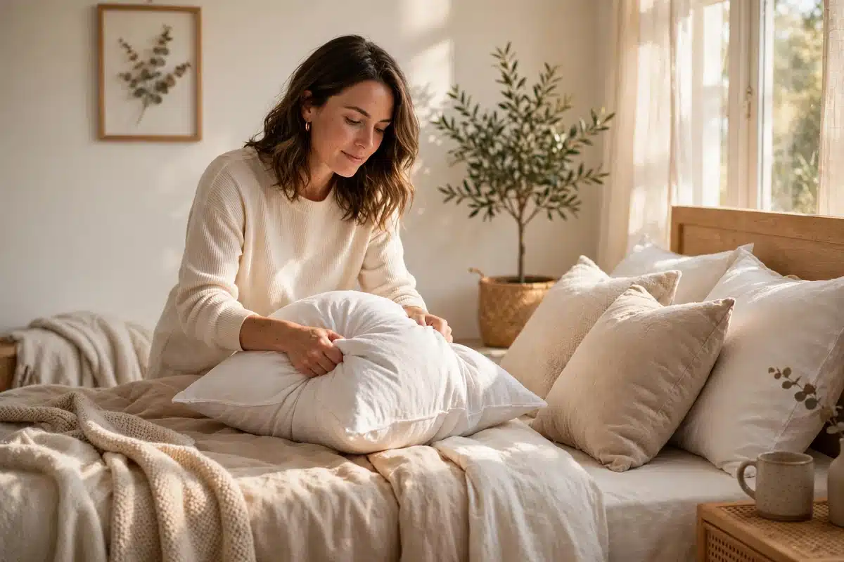 Woman arranging soft white pillows on a bed in a warm sunlit bedroom, preparing a comfortable place to rest.