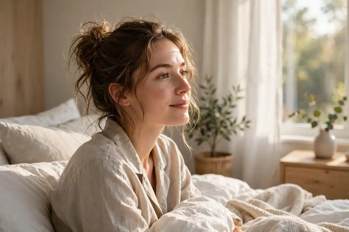 Woman waking up peacefully in the morning in a bright bedroom, sitting up in bed with soft daylight.