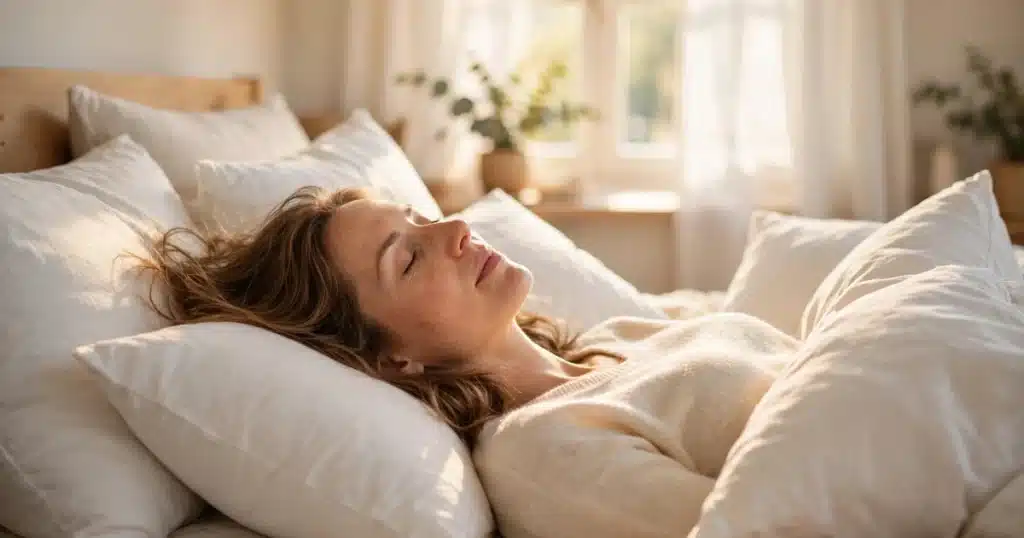 Woman resting peacefully on her back in a bright cozy bedroom with soft white pillows, calm warm daylight.