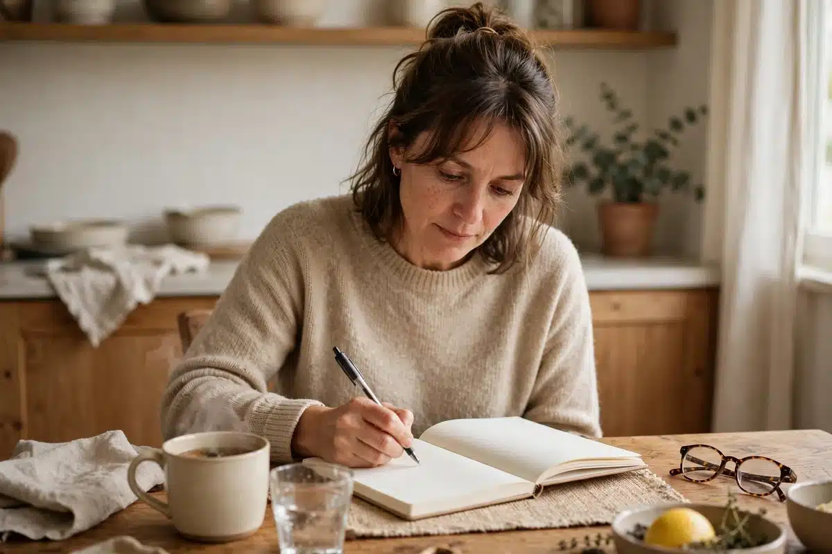 Photo of a woman in her 40s writing a simple meal schedule in a plain notebook at her kitchen table at home in soft daylight