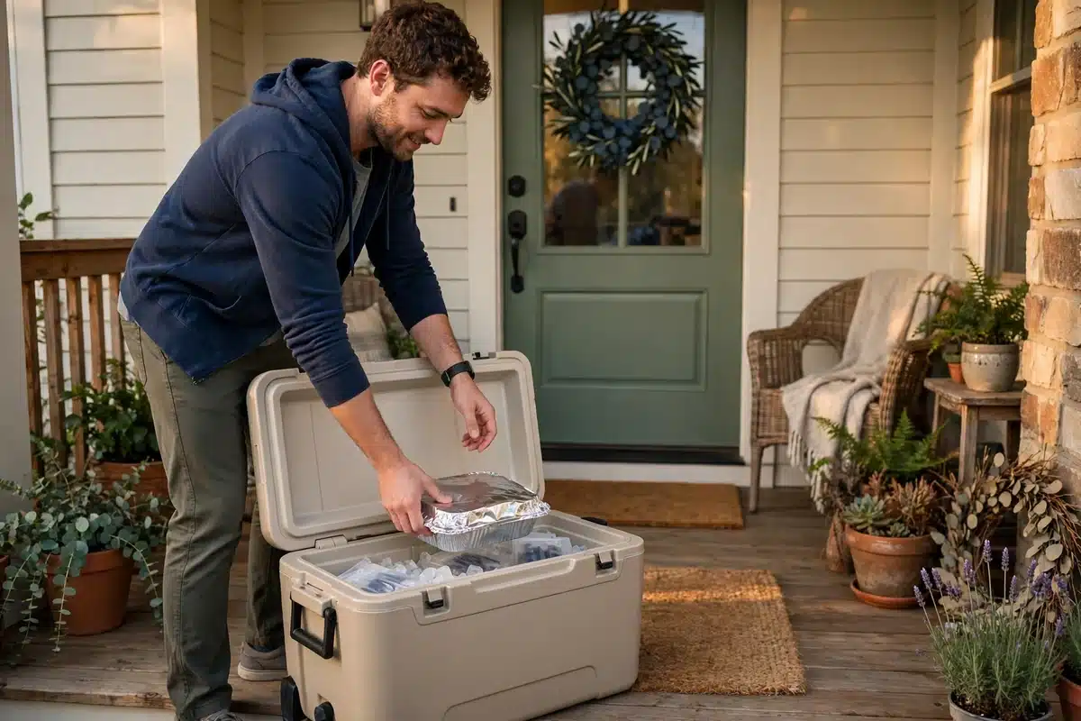 Photo of a friend placing a covered meal container into a cooler box on a family's front porch in warm natural light