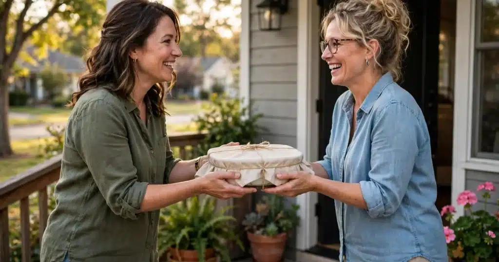 Photo of a woman in her 40s handing a covered home-cooked meal in a dish to a smiling friend at her front door in warm afternoon light