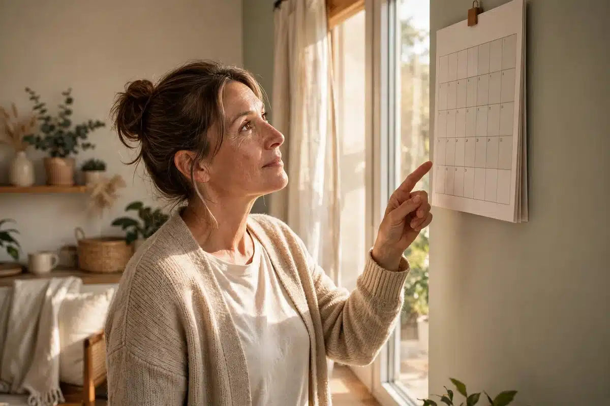 A woman in her forties checking a wall calendar at home in warm sunlight streaming through a window