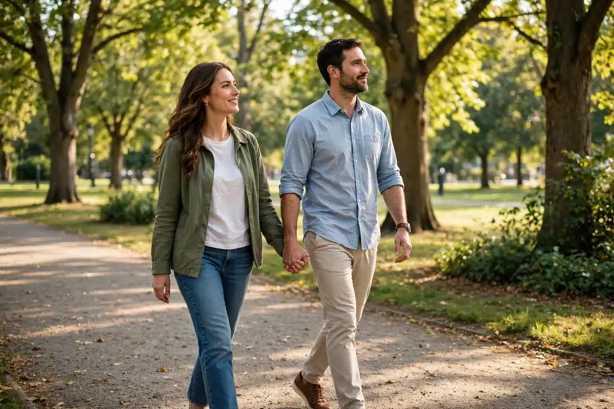 A couple walking together hand in hand on a sunny tree-lined park path in warm daylight