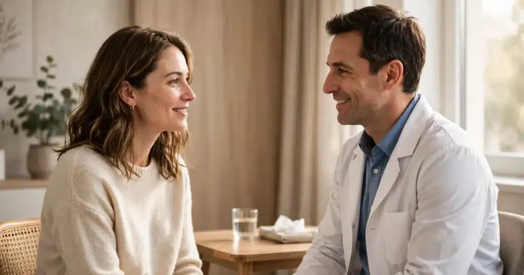A woman patient in a warm, reassuring conversation with a doctor in a bright clinic consultation room with soft natural window light